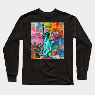 New York City Neon Collage Statue of Liberty NYC Big Apple Long Sleeve T-Shirt